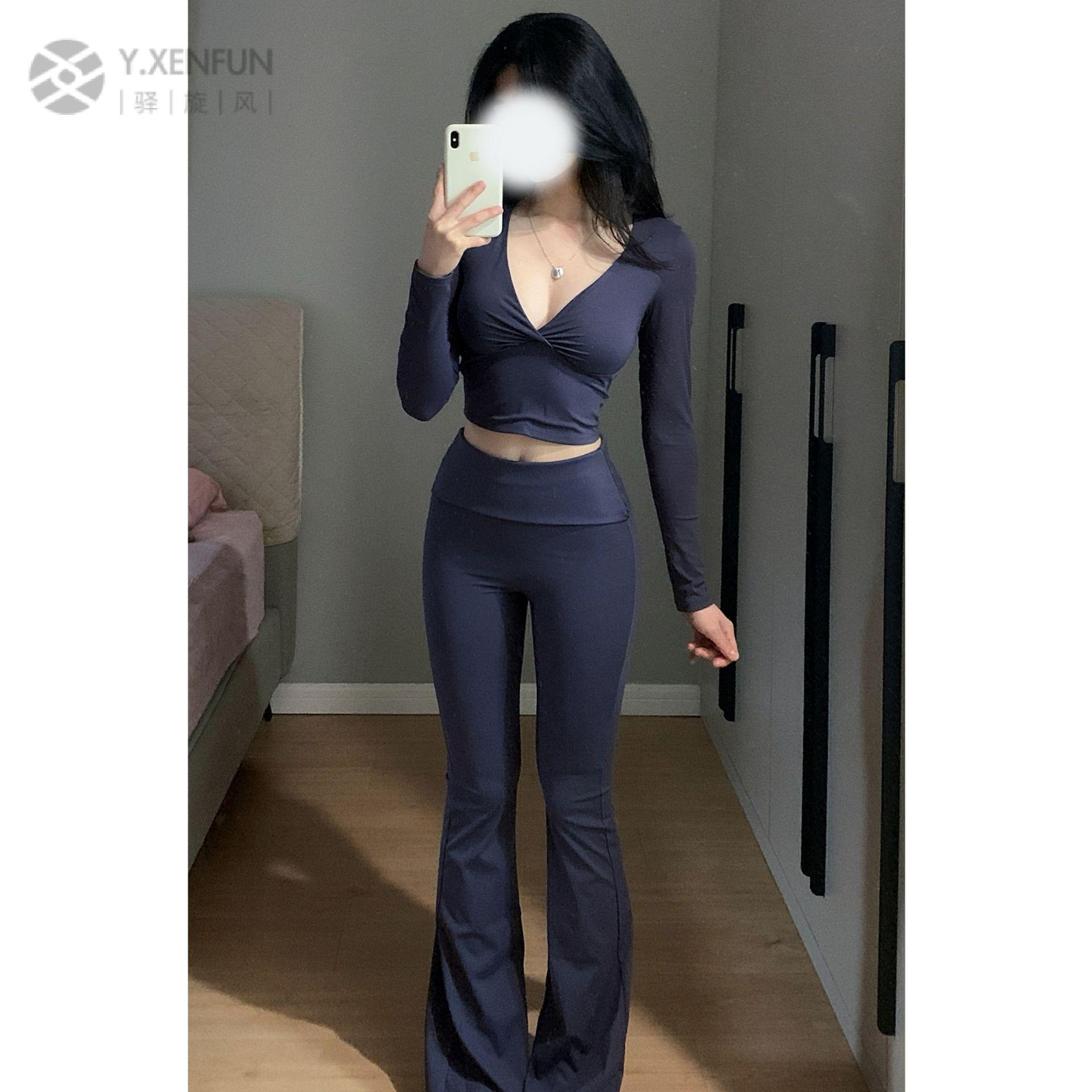 新款性感瑜伽服长袖上衣套装健身运动长裤普拉提速干两件套含胸垫