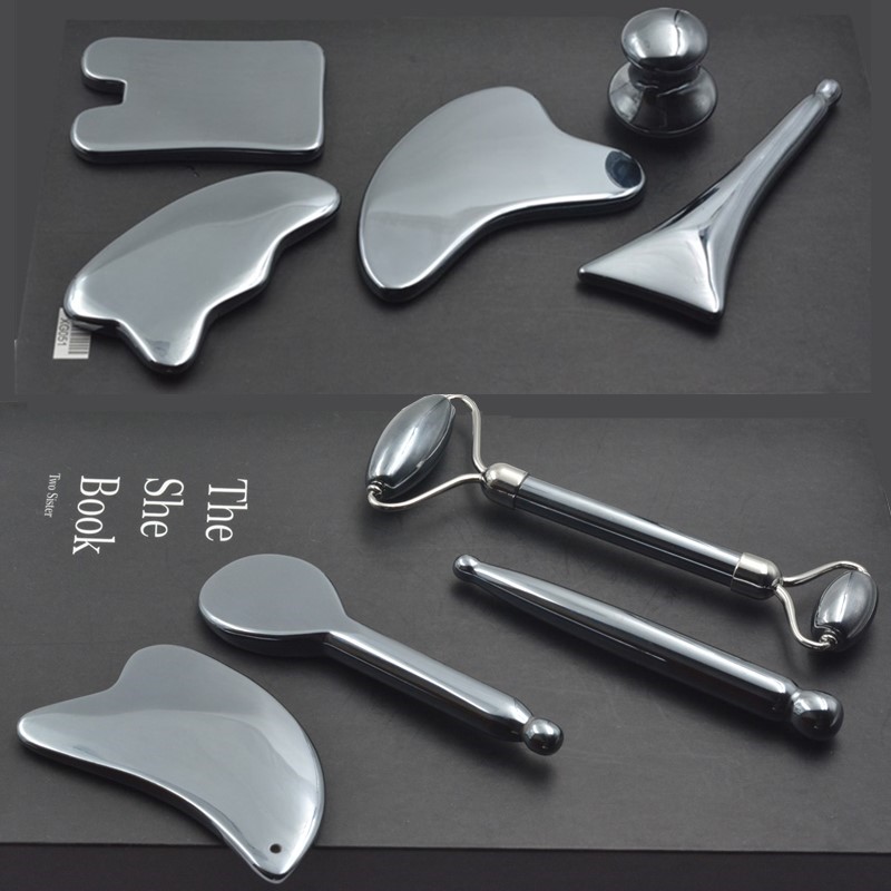 订购LOGO太赫兹双头滚轮刮痧片粉晶玉石按摩棒梳子套装蘑菇头家用