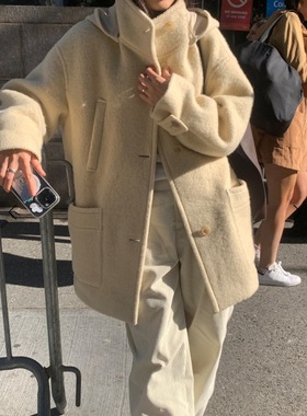 特价现货韩国东大门haag宽松休闲气场连帽减龄时髦羊毛呢大衣外套