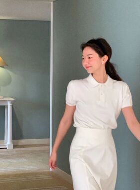 现货韩国东大门the Barnet芭乃少女奶白翻领干净针织POLO短袖上衣