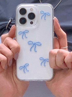 ins风粉蓝色蝴蝶结适用iPhone15/16/17promax苹果12/14RPO/11简约手机壳