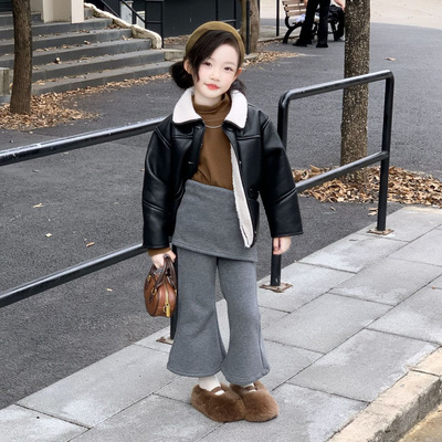 女童冬季加绒加厚PU皮棉服洋气