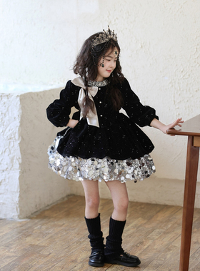 女童加绒黑色闪闪丝绒亮片连衣裙2026冬季新款女孩表演圣诞公主裙