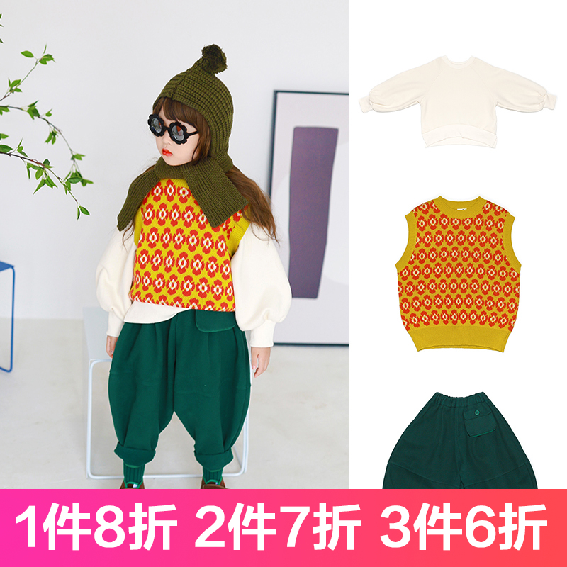 特价秋款女童廓型白卫衣三色花朵针织马甲上衣