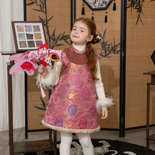 女童旗袍裙冬季 女宝宝儿童夹棉拜年服织锦保暖气质连衣裙子潮 新款