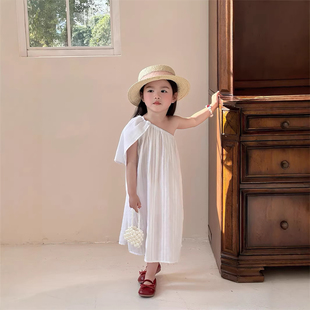 三亚海边度假多巴胺女童连衣裙夏款小女孩巨好看白色斜肩公主裙子