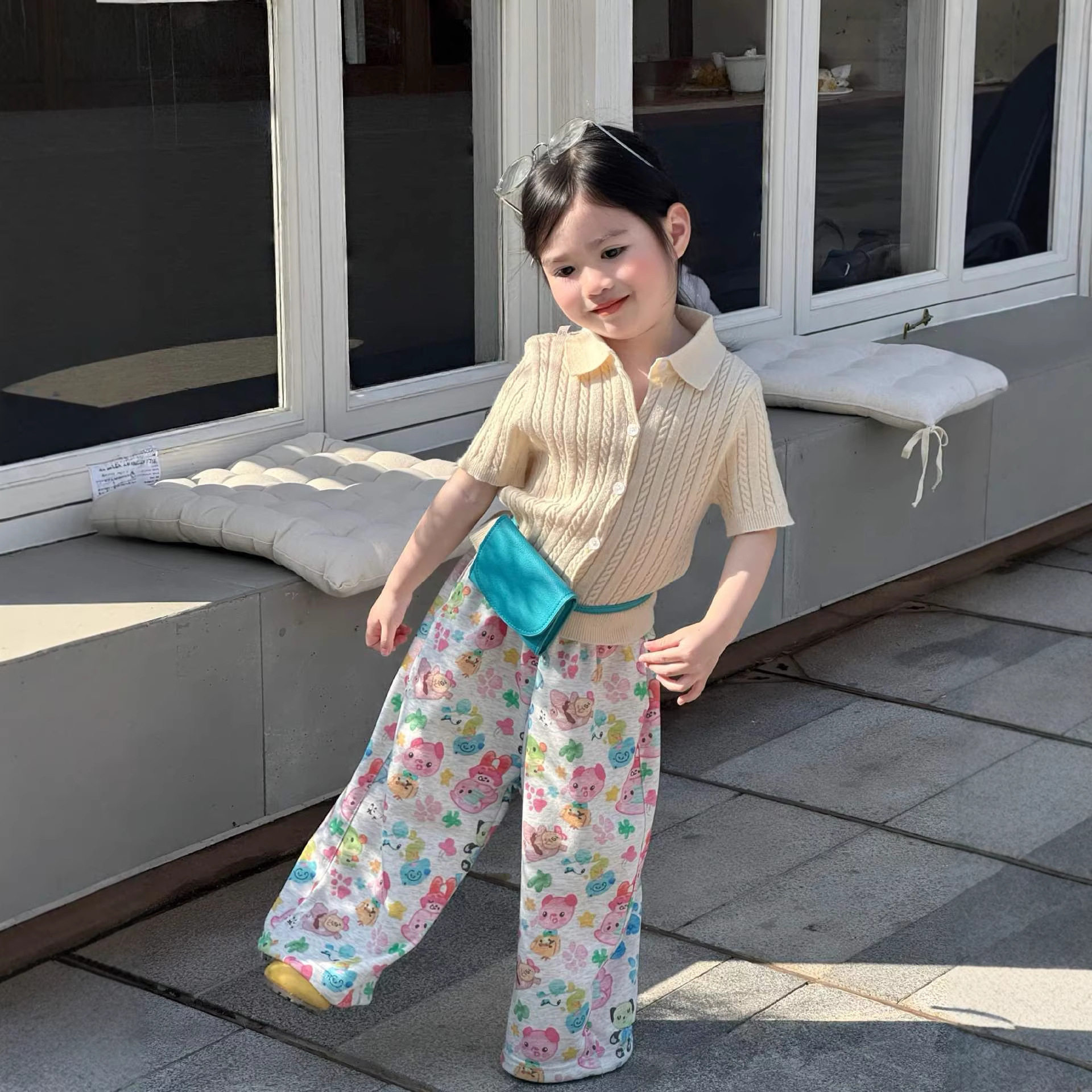 韩版女童套装POLO麻花短袖薄针织衫毛衣卡通满印阔腿裤2026女宝宝