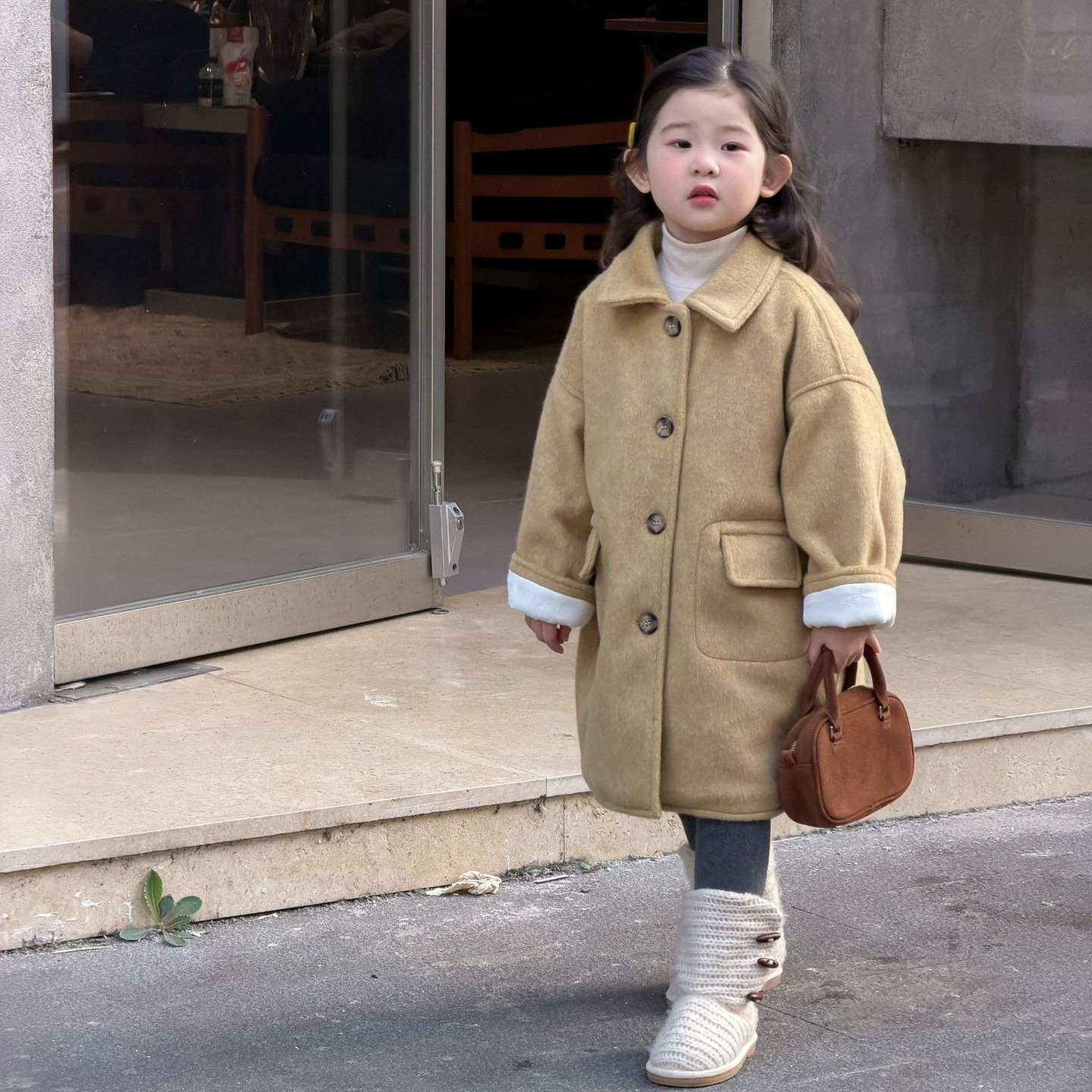 女童中长款夹棉毛呢大衣秋冬新款