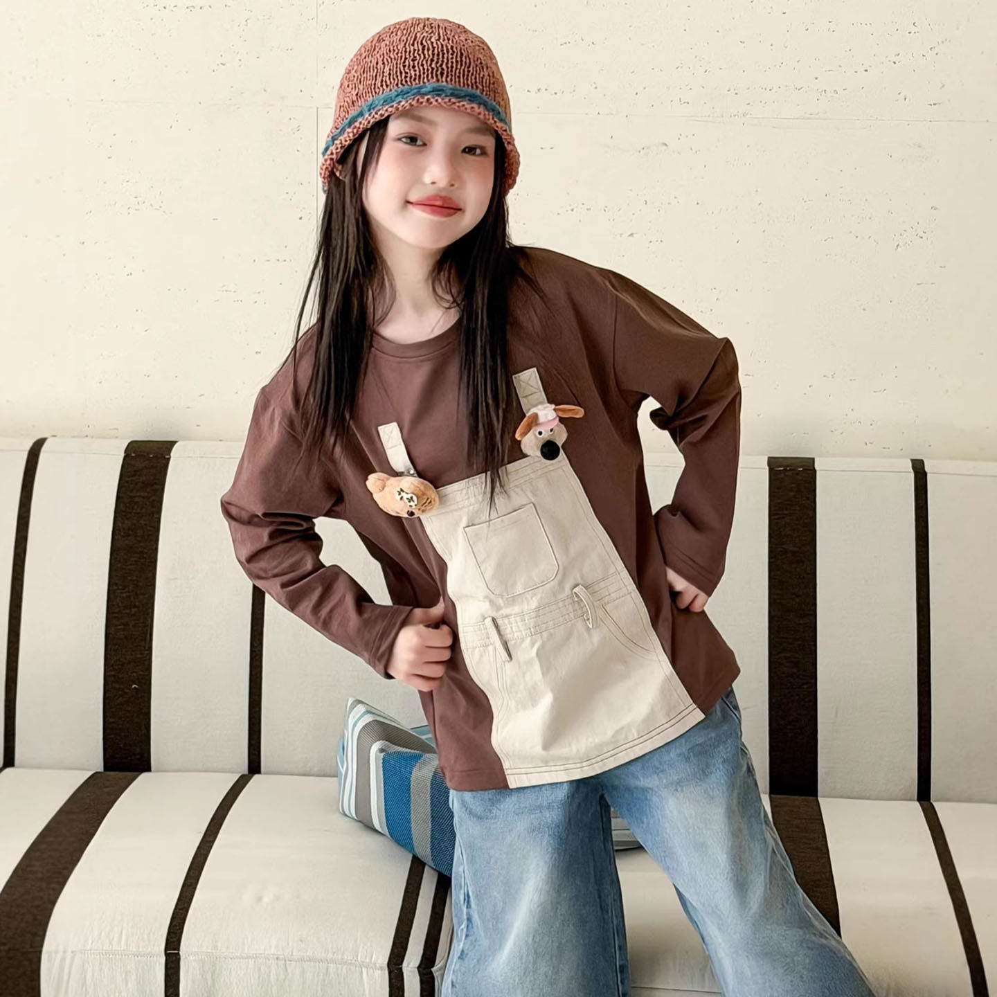 儿童牛仔裤2026春款女童假两件卡通长袖t恤衫中童女宝可爱打底衫