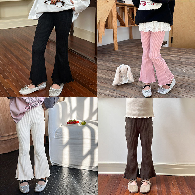 修身百搭潮纯色木耳边花边喇叭裤