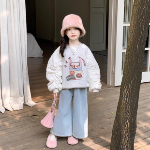 女童加绒卡通卫衣浅蓝色牛仔裤2026秋冬装韩版加厚儿童圆领上衣潮