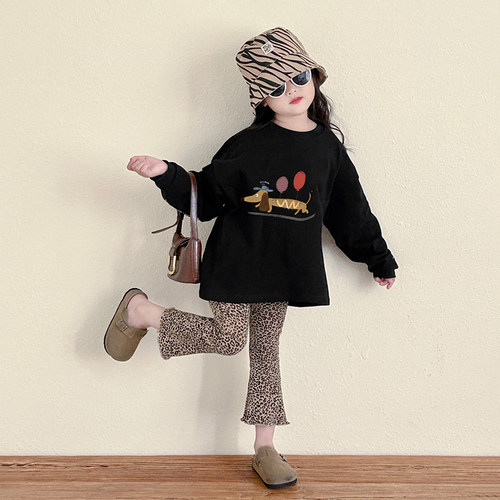 卡通百搭印花长袖T恤豹纹喇叭裤