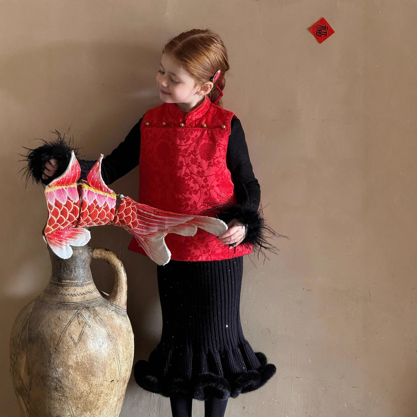 梅开五福 | 女童国风拜年服马甲洋气中国红提花旗袍裙新中式上衣,童装/婴儿装/亲子装,唐装,淘宝优惠券,粉丝福利购,淘宝优惠卷