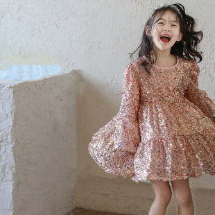女童粉色加绒亮片公主裙连衣裙2025秋冬新款女孩闪闪生日裙表演裙