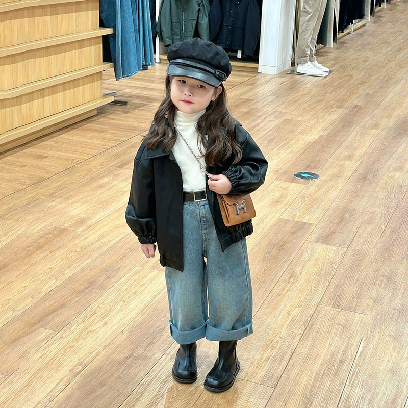 复古洋气休闲皮衣外套牛仔直筒裤