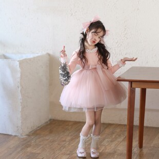女童甜美粉色长袖网纱连衣裙2026春季新款女孩蓬蓬公主裙生日礼服