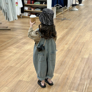 秋季 童装 女童日系复古做旧大版 软牛仔连体裤 潮 休闲背带裤 韩国童装