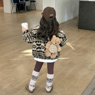 【挪威森林】新雪丽复古卷叶纹羊羔绒棉服外套女童冬新款上衣裤子