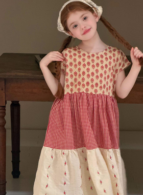 女童夏季新款童装红色拼接中长款连衣裙韩版洋气复古度假风裙子潮