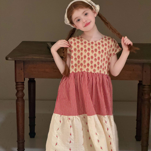 女童夏季新款童装红色拼接中长款连衣裙韩版洋气复古度假风裙子潮