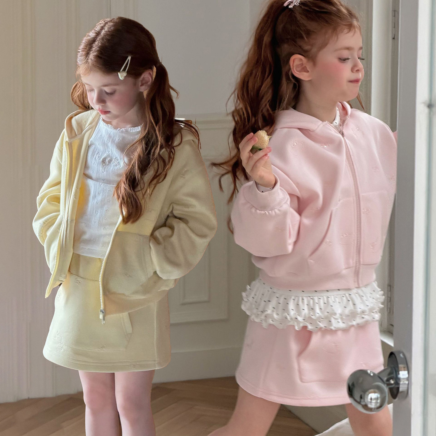 女童甜美风连帽卫衣外套半身裙两件套春季款粉色黄色休闲拉链套装