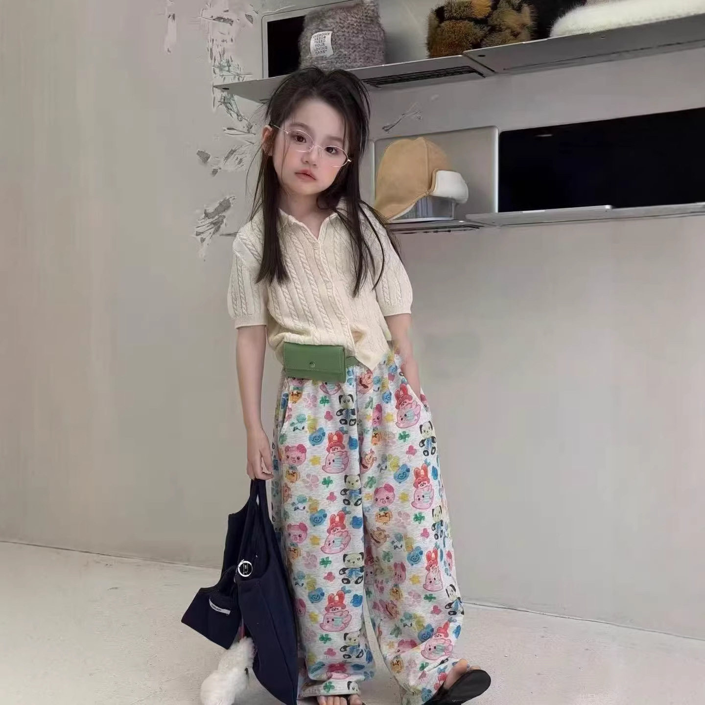 女童套装2026夏季款女孩时尚麻花短袖针织开衫儿童卡通休闲阔腿裤