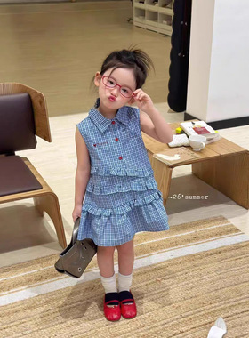 韩版童装女童夏季连衣裙2026新款洋气时髦儿童蓝色格纹翻领背心裙
