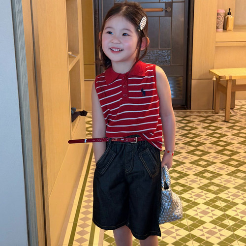 女童套装2026新款夏季宝宝洋气薄款POLO条纹针织背心牛仔五分短裤