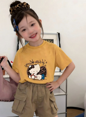童装女童短袖T恤夏季新款洋气时髦t儿童黄色纯棉卡通印花上衣短袖
