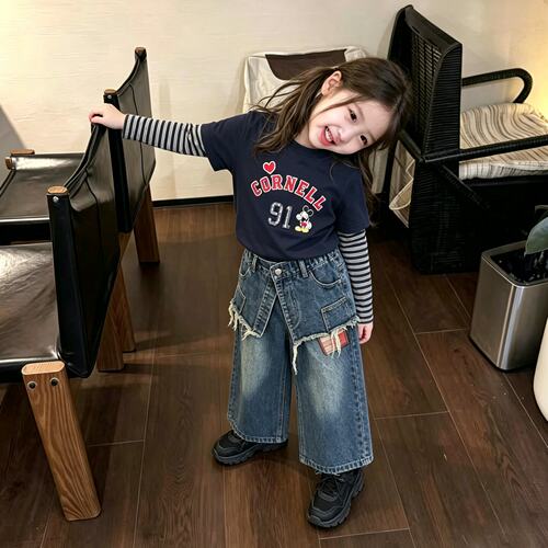 女童秋季套装2026新款儿童韩系卡通条纹假两件长袖上衣屁帘牛仔裤