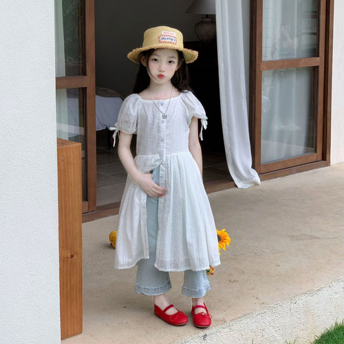 韩版女童白色泡泡袖连衣裙夏季中长裙甜美公主裙女宝宝短袖裙子潮