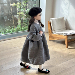 女童菱格长款棉服加棉保暖冬季棉衣保暖连衣裙韩系高级感公主裙子