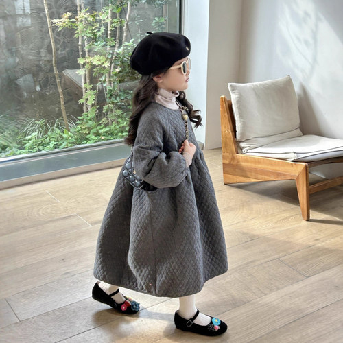 女童菱格长款棉服连衣裙公主裙子