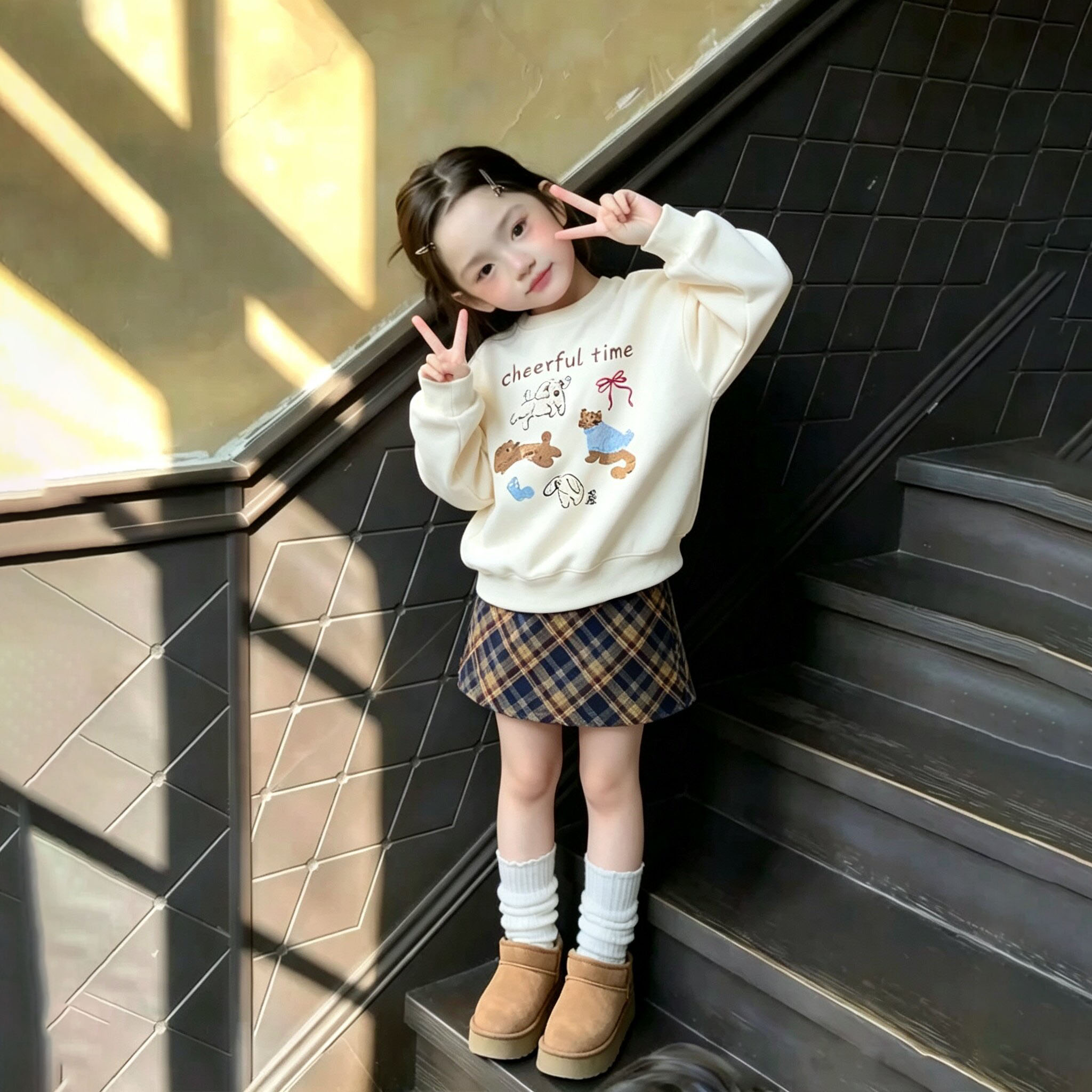 秋款女宝宝洋气套装秋季女童2026新款卡通卫衣休闲运动学院风短裙