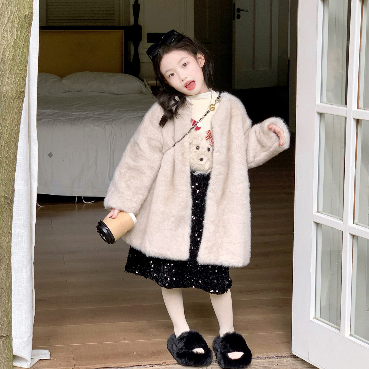 女童冬季中长款保暖环保皮草外套加厚毛大衣新款童装洋气毛衣半裙