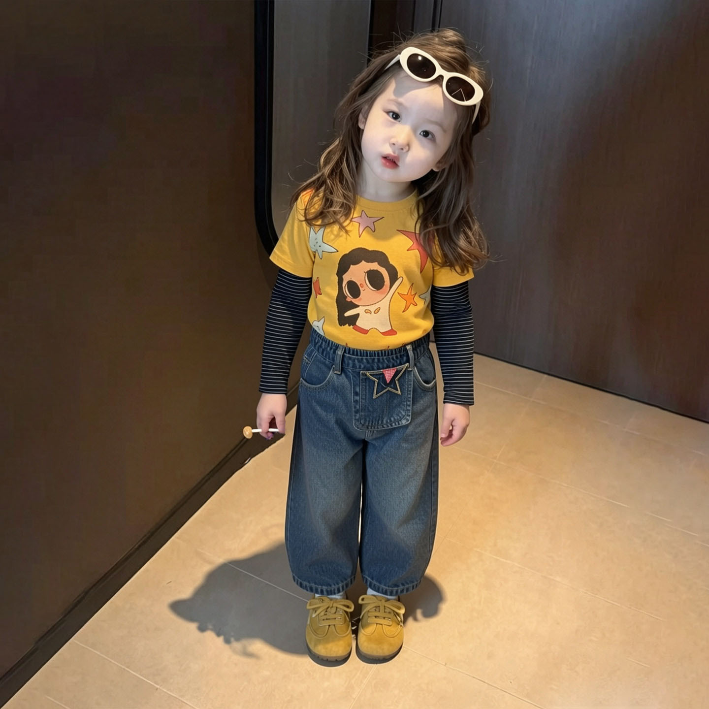 女童轻奢小众高端套装秋季儿童卡通假两件长袖上衣宝宝屁帘牛仔裤图片
