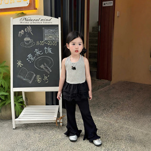2026夏季新款韩版童装女童满印波点挂脖露背网纱裙摆背心喇叭裤子