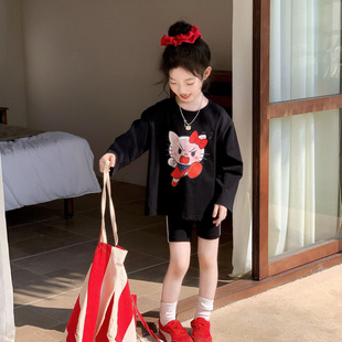 女童春夏新款 圆领套头印花猫猫T恤宽松百搭上衣 喵喵出逃黑色长袖