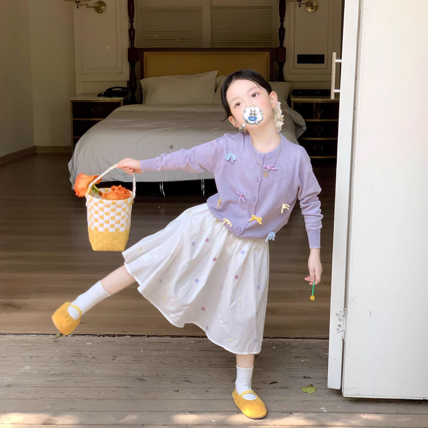 女童甜美少女简约百搭针织衫儿童套装蝴蝶结毛衣小女孩半身裙秋装