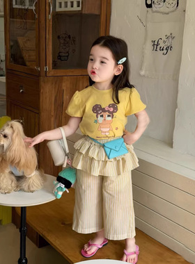 女童短袖t恤2026新款夏装儿童洋气卡通黄色上衣女宝宝超好看裤子