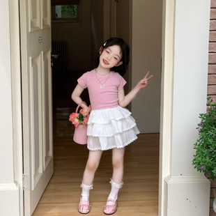 夏季新款童装女童洋气套装辣妹短款短袖T恤上衣蛋糕半裙蓬蓬裙潮