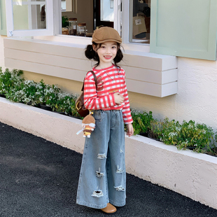 女童长袖t恤2026春季新款女孩洋气可爱条纹卡通纯棉百搭宽松上衣