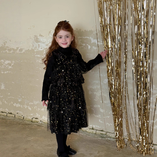 女童冬季连衣裙高级感2025新款黑色丝绒网纱公主裙儿童冬天裙子潮