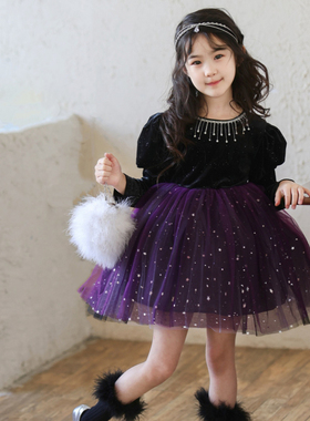 女童紫色丝绒亮片网纱公主裙2025冬女孩加绒闪闪库洛米生日礼服裙