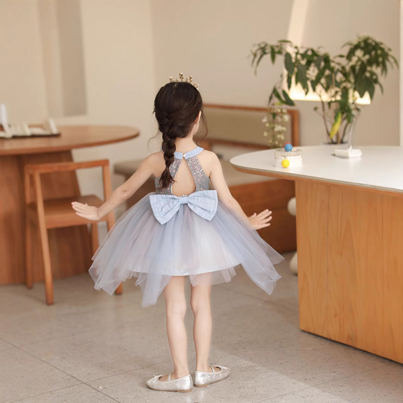 女童蓝色亮片挂脖纱裙连衣裙2025夏季新女孩轻薄爱沙公主裙吊带裙