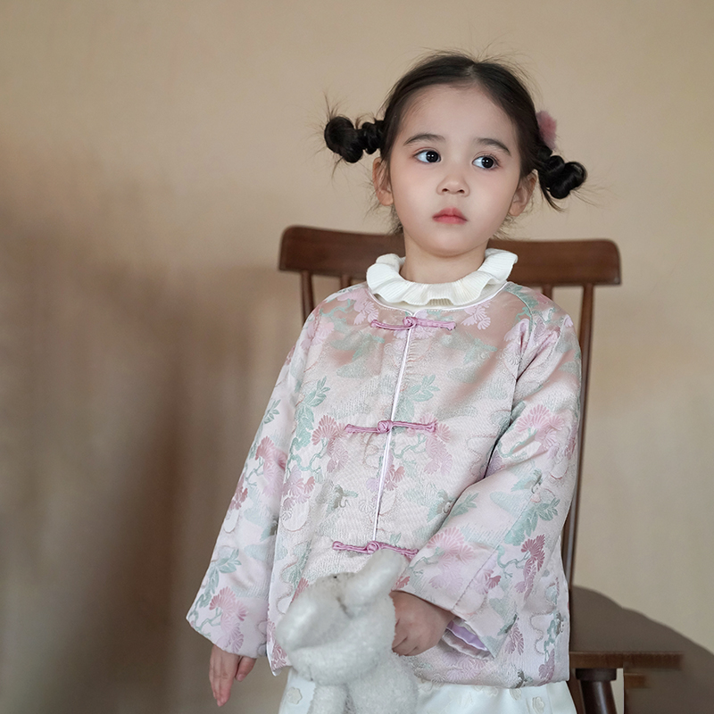 秋冬款女童粉色真丝提花新中式夹棉外套立体花朵半裙中国风拜年服