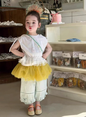 甜美可爱女童套装夏季新款洋气时髦儿童白色印花上衣女宝宝阔腿裤