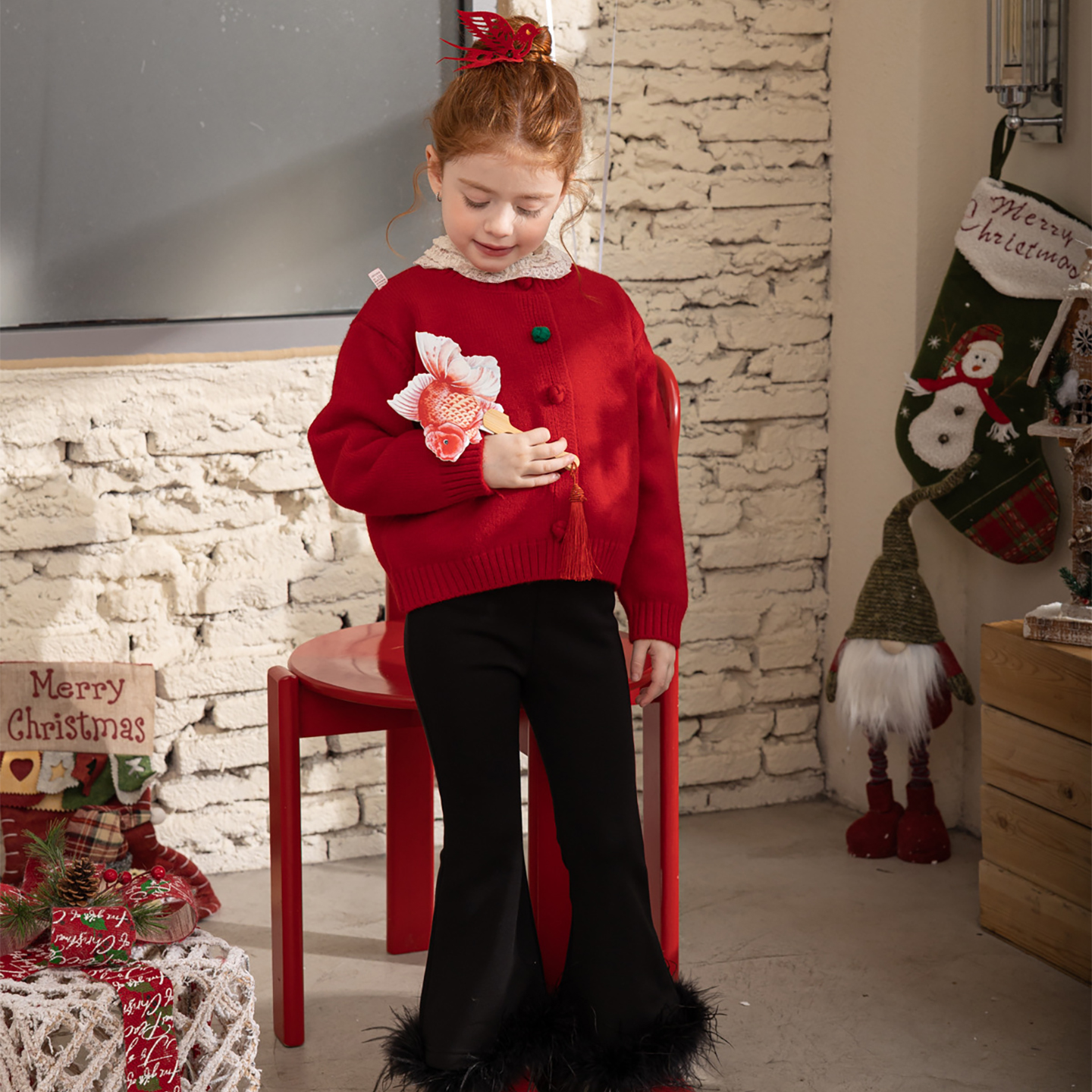 女童撞色扣毛衣开衫喇叭裤2025