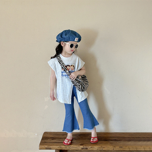 女童夏款2025新款童装韩版休闲套装个性印花不规则短袖上衣喇叭裤