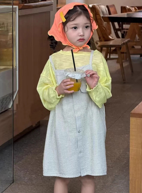 韩版女童夏款黄色薄款长袖打底衫竖条纹背带裙2026幼儿园甜美休闲
